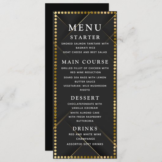 Delicate Gold and Black Wedding Dinner Menu (Devant / Derrière)