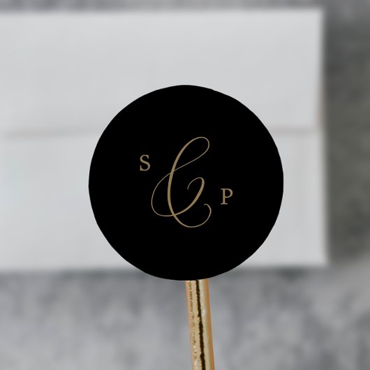 Delicate Gold Black Monogram Wedding Envelope Seal Ronde Sticker