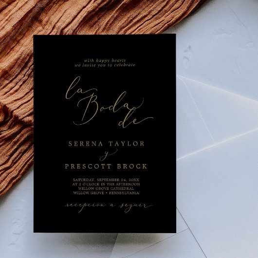 Delicate Gold Calligraphy Black La Boda de Wedding Kaart