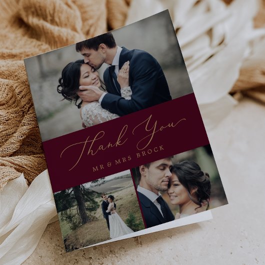 Delicate Gold Calligraphy Burgundy 3 Photo Collage Bedankkaart