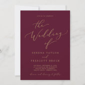 Delicate Gold Calligraphy Burgundy The Wedding of Kaart (Voorkant)