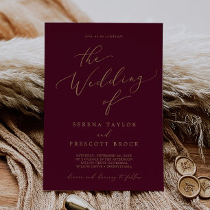 Delicate Gold Calligraphy Burgundy The Wedding of Kaart