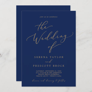 Delicate Gold Calligraphy Navy all in one Wedding Kaart