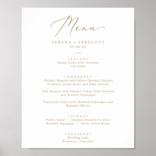 Delicate Gold Calligraphy Wedding Dinner Menu Poster (Voorkant)