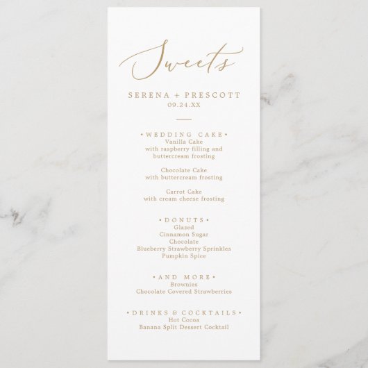 Delicate Gold Calligraphy Wedding Sweets Menu (Voorkant)