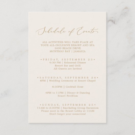 Delicate Gold- en Cream Wedding Schedule of Events Informatiekaartje (Voorkant)