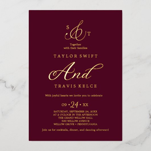 Delicate Gold Foil Formal Monogram Weddenschap Folie Uitnodiging (Voorkant)