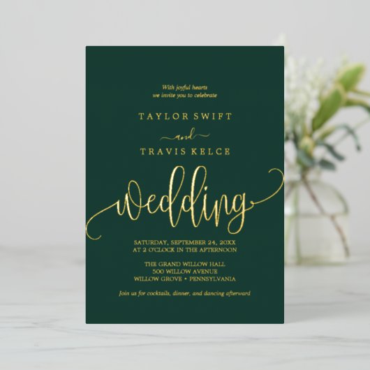 Delicate Gold Foil-kalligrafie | Emerald Wedding Folie Uitnodiging (Staand Voorkant)