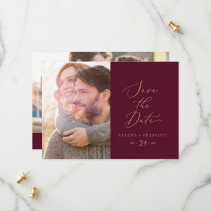 Delicate Gold-kalligrafie   Foto van Burgundy Save The Date