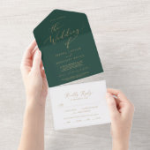 Delicate Gold-kalligrafie | Groen huwelijk All In One Uitnodiging (Afscheurbaar)