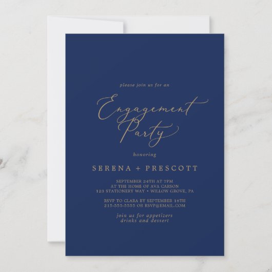 Delicate Gold-kalligrafie | Navy Engagement Party Kaart (Voorkant)