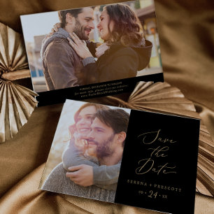 Delicate Gold-kalligrafie Zwarte foto Save The Date