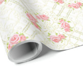 Delicate Gold Scrollwork & Pink Roses Floral Cadeaupapier (Rol Hoek)