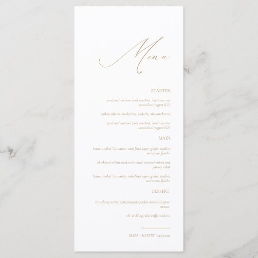 Delicate Goud Elegant Modern Script Bruiloft Menu (Voorkant)