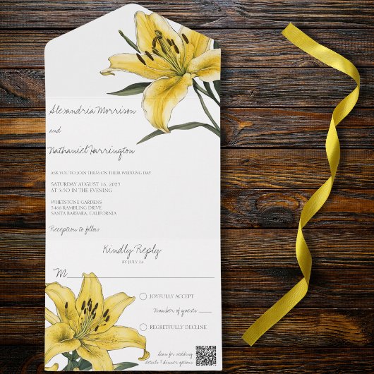 Delicate Gouden Gele Lelie QR Code All In One Uitnodiging