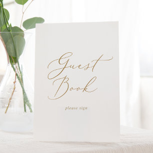 Delicate gouden kalligrafie bruiloft gastenboek reclamebord met voetstuk