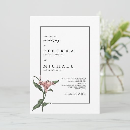 Delicate Green Pink Lily Spring Flower Wedding Kaart (Staand voorkant)