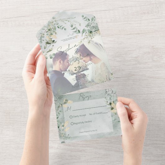 Delicate Greenery Modern Photo No Dinner All In One Uitnodiging (Afscheurbaar)