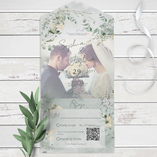 Delicate Greenery Modern Photo QR Code All In One Uitnodiging