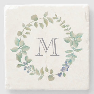 Delicate Greenery   Waterverf Wreator en Monogram Stenen Onderzetter