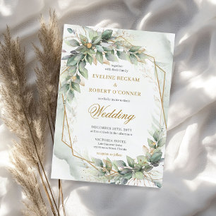 Delicate groene eucalyptus en gouden bruiloft kaart