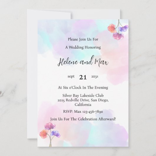 Délicate invitation de mariage rose et bleu (Devant)