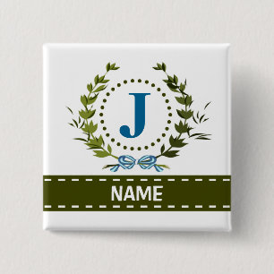 Delicate Ivy Wreath and Bow Name met Monogram J Vierkante Button 5,1 Cm