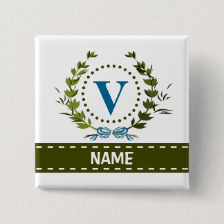 Delicate Ivy Wreath and Bow Name met Monogram V Vierkante Button 5,1 Cm