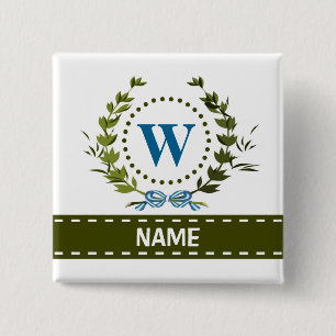 Delicate Ivy Wreath and Bow Name met Monogram W Vierkante Button 5,1 Cm