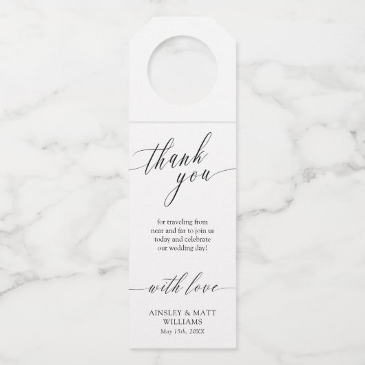 Delicate kalligrafie bruiloft gunst dank u flessenhanger (Voorkant)