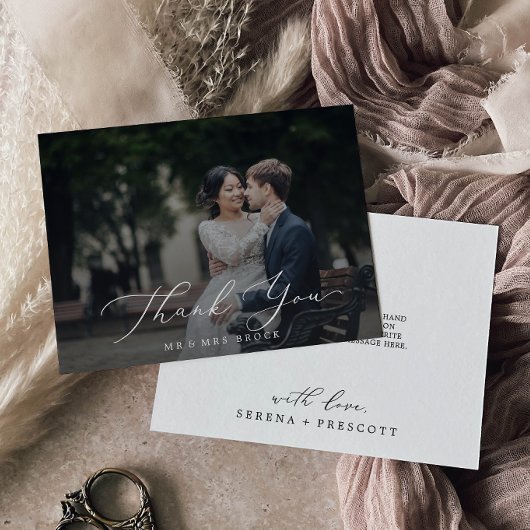 Delicate kalligrafie donkere fotobedekking bedankkaart