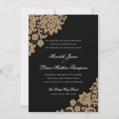 Delicate Kant Hoek Zwart en Goud Script Bruiloft Kaart (Voorkant)