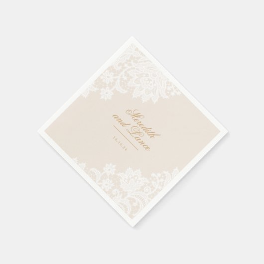 Delicate Kant Ivoor en Gouden Script Bruiloft Servet (Hoek)