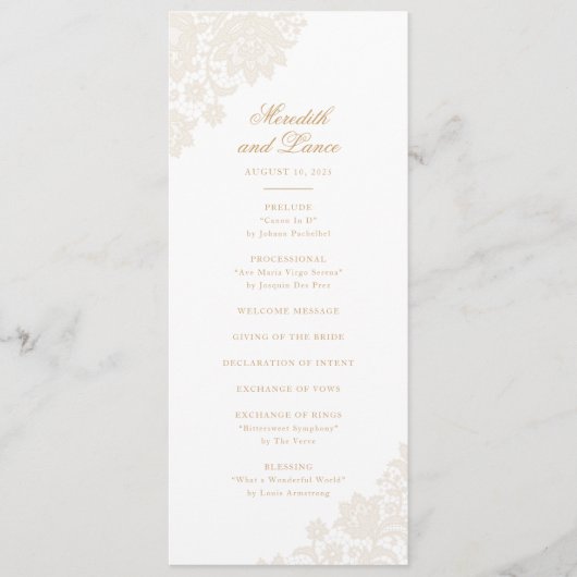 Delicate Lace Corner Ivoor en Gouden Script Bruilo Programma (Voorkant)