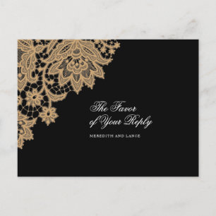 Delicate Lace Corner Zwart en Gouden Bruiloft Antw Uitnodiging Briefkaart