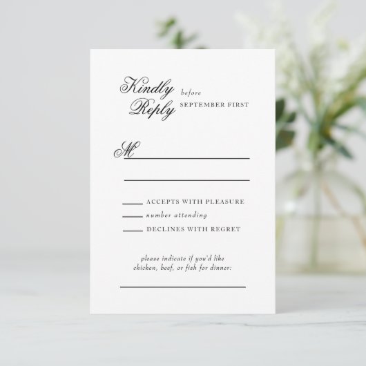Delicate Lace Zwart en Gouden Script Bruiloft RSVP Kaartje (Staand voorkant)