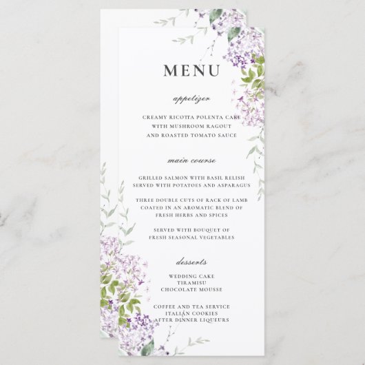 Delicate Lila Paarse Bloemen Groen Bruiloft Menu (Voorkant / Achterkant)