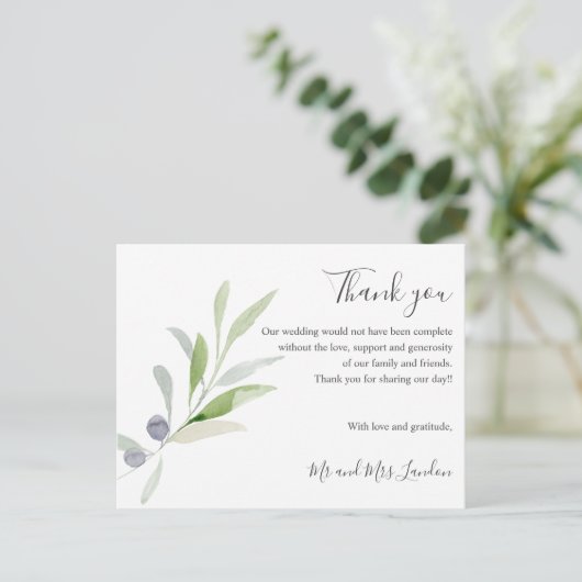 Delicate Olijf en bladeren groen Bruiloft dank u Briefkaart (Staand voorkant)