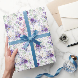 Delicate Paarse Bloemige Botanische Goudbladige Pa Cadeaupapier