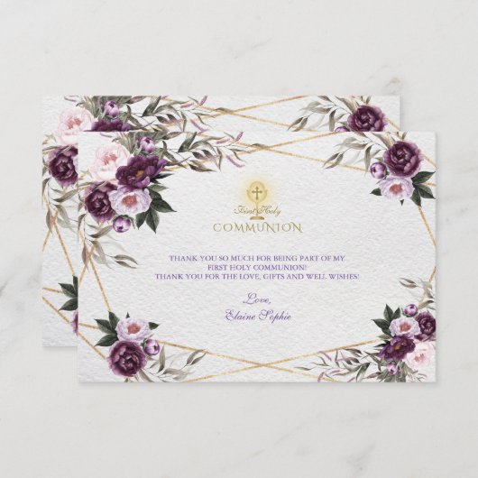 Delicate Paarse Roze Pioen Bloemen Heilige Communi Bedankkaart (Voorkant / Achterkant)