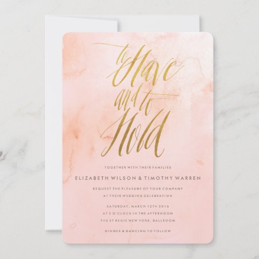 Delicate Paint Blush en Gouden Huwelijksuitnodigin Kaart (Voorkant)