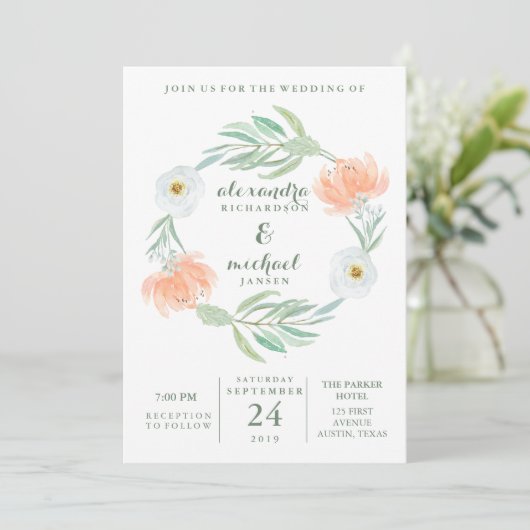 Delicate perzik bloem en eucalyptus | Trouwen Kaart (Staand voorkant)