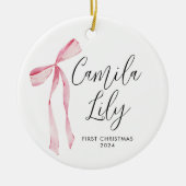 Delicate Pink Bow Baby Meisje Eerste Kerstmis Keramisch Ornament (Voorkant)