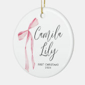 Delicate Pink Bow Baby Meisje Eerste Kerstmis Keramisch Ornament (Links)