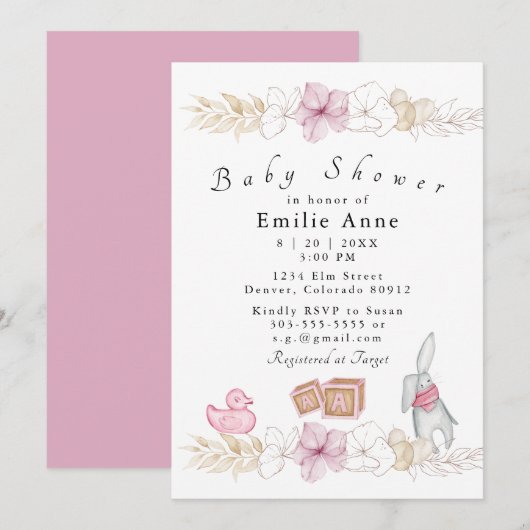 Delicate Pink Floral Baby shower Uitnodiging (Voorkant / Achterkant)