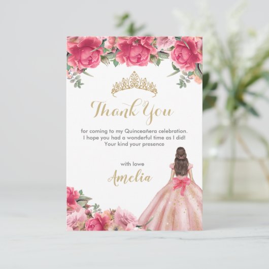 Delicate Pink Floral Princess Roos Gold Quinceañer Bedankkaart (Staand voorkant)