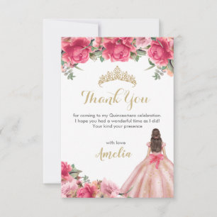 Delicate Pink Floral Princess Roos Gold Quinceañer Bedankkaart