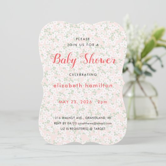 Delicate Pink Flowers Baby Shower Invitation (Debout devant)