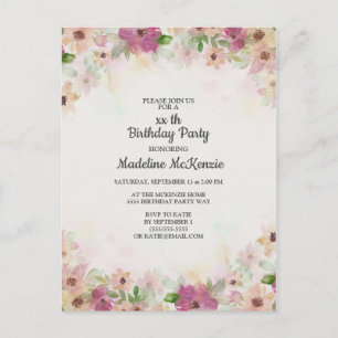 Delicate Pink Paarse Waterverf Floral Birthday Briefkaart
