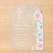 Delicate Pioenenboog Eerste Communie Acryl Uitnodigingen (Voorkant)